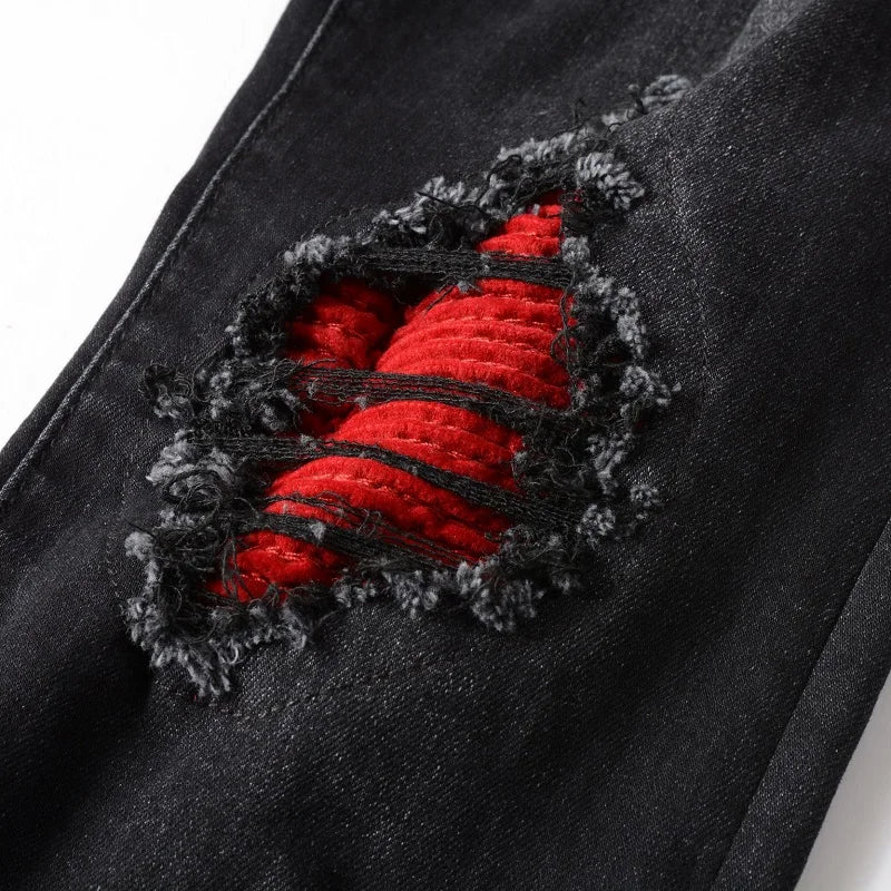 Men's Cracked Red Pleated Patch Biker Jeans Streetwear Patchwork Stretch Denim