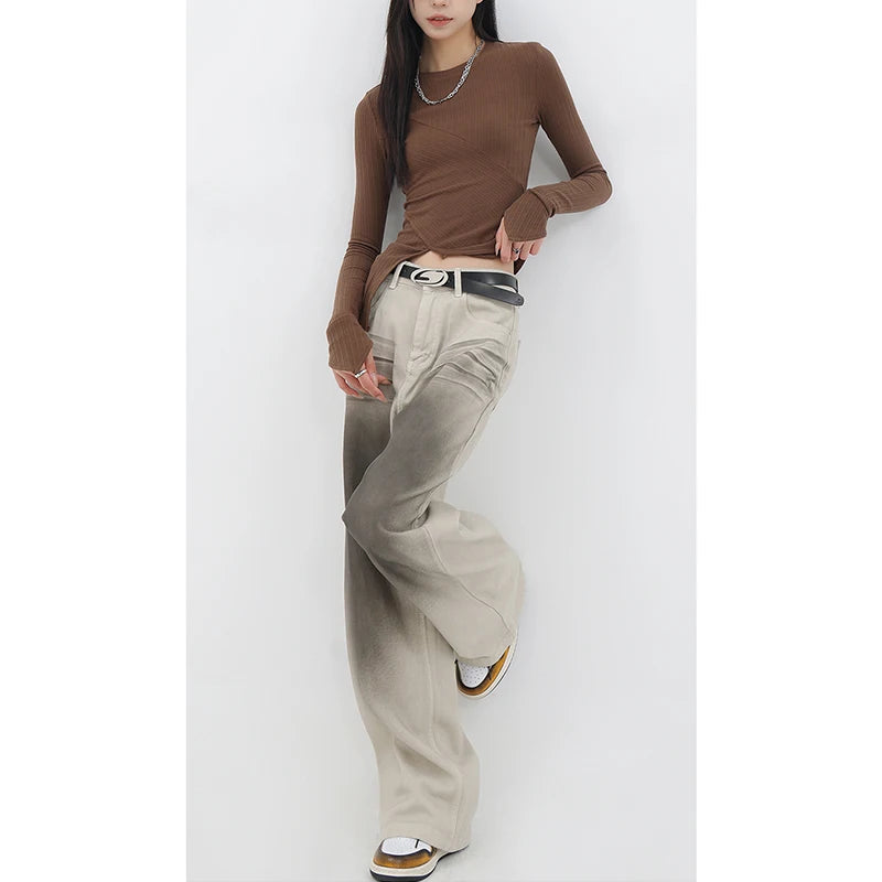 Fashion Vintage Red Straight Jeans Casual High Waist High Street Style Pants