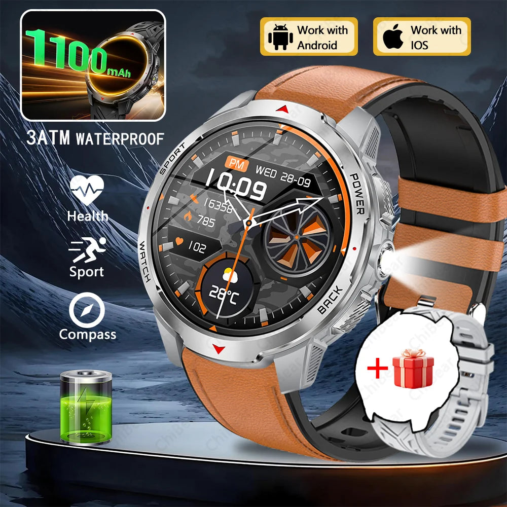1100mAh Military Outdoor Smart Watch Men 1.7-inch Large Display Compass Sports Watch IP68 Waterproof Bluetooth Call Smartwatch