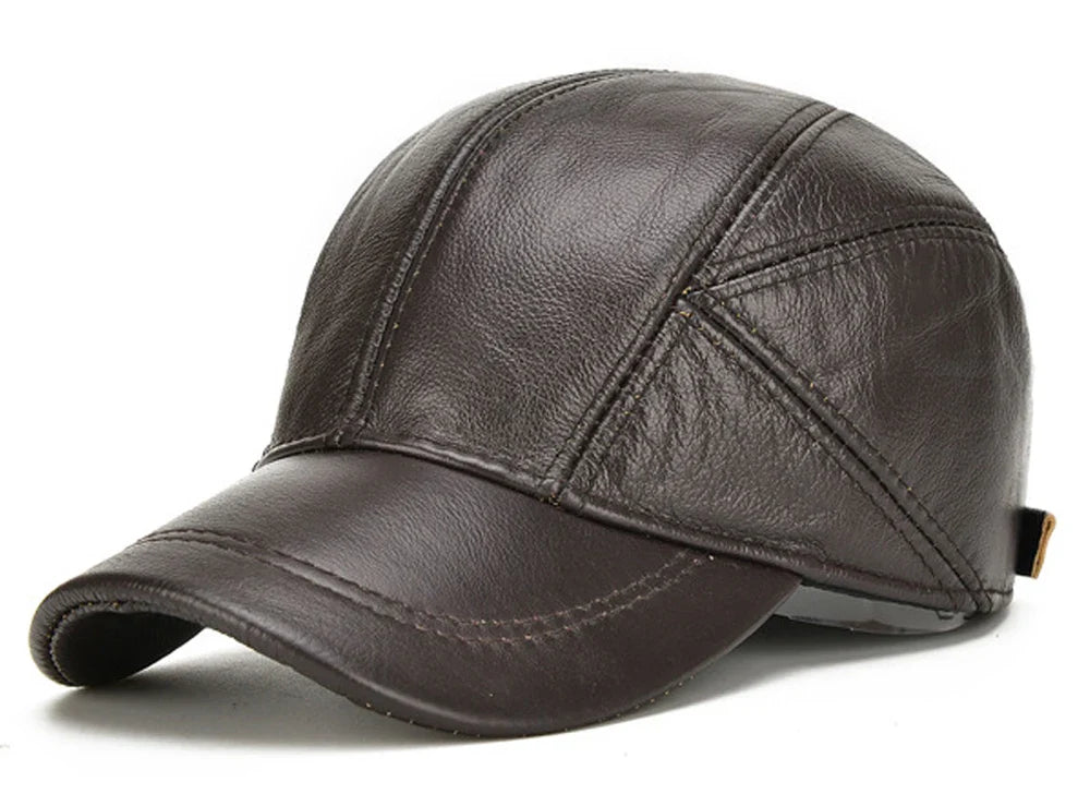 New Style Casual Real Leather Earflap Cap Men Real Cowhide Leather Caps Male Fall Winter Genuine Real Cow Leather Baseball Hats
