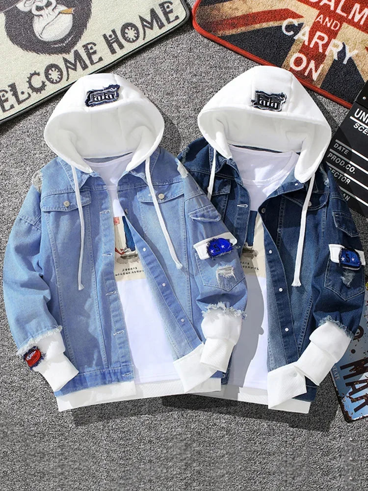 Men's Fall Hooded Denim Jacket Trend Slim Handsome Fall/Winter Baseball Jacket