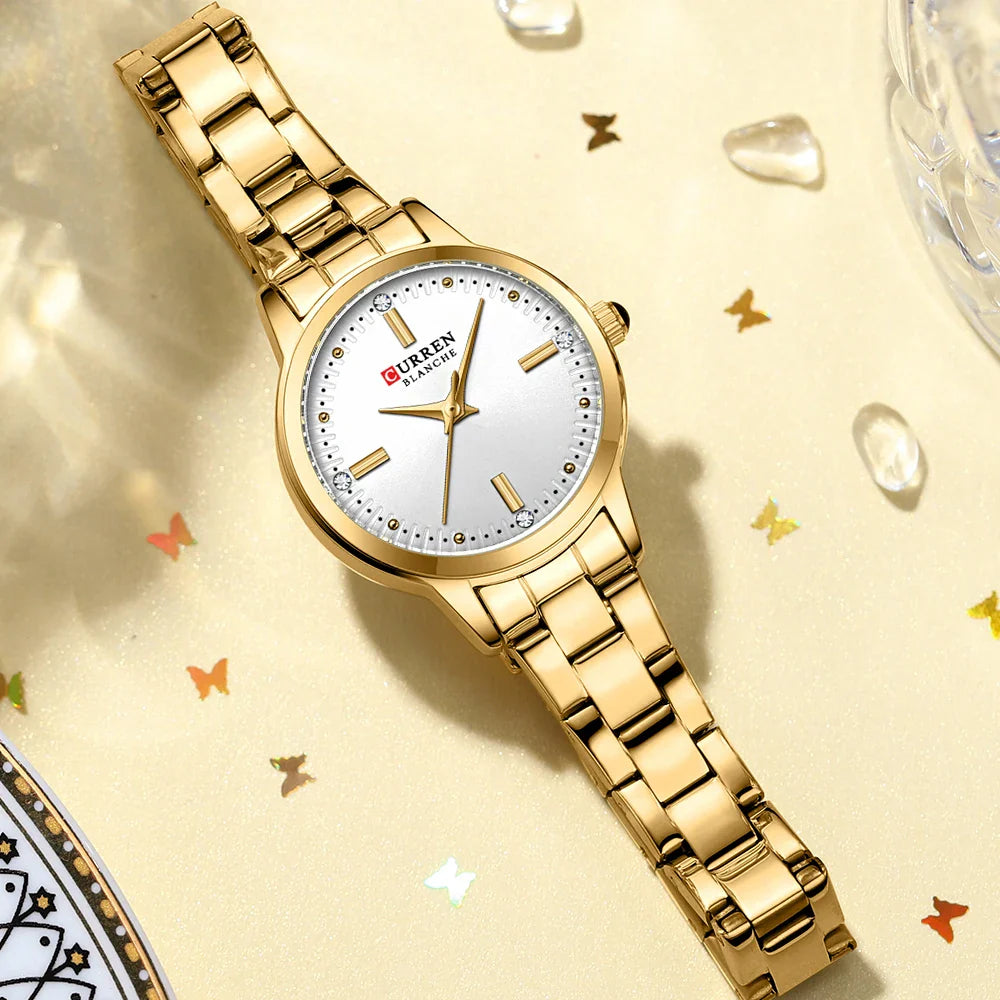 CURREN Simple Round Dial Fashion Dress Quartz Watches for Ladies with Stainless Steel Bracelet Luxury Wristwatches
