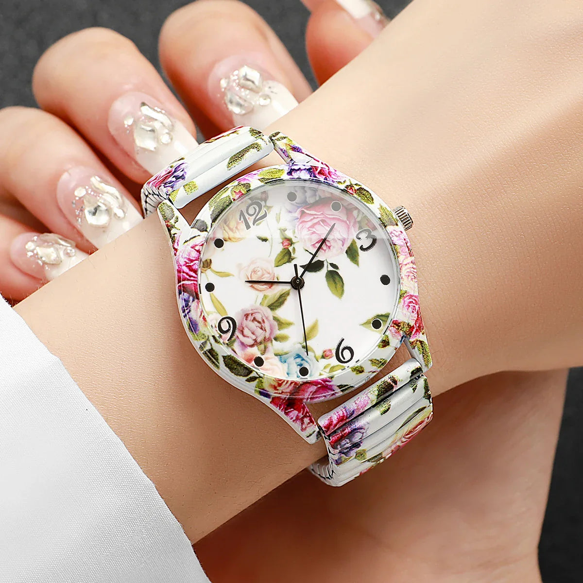 2/3PCS Fashion Flower Printed Women Quartz Wristwatches Set Ladies Casual Elastic Strap Arabic Dial Watch（Without Box）