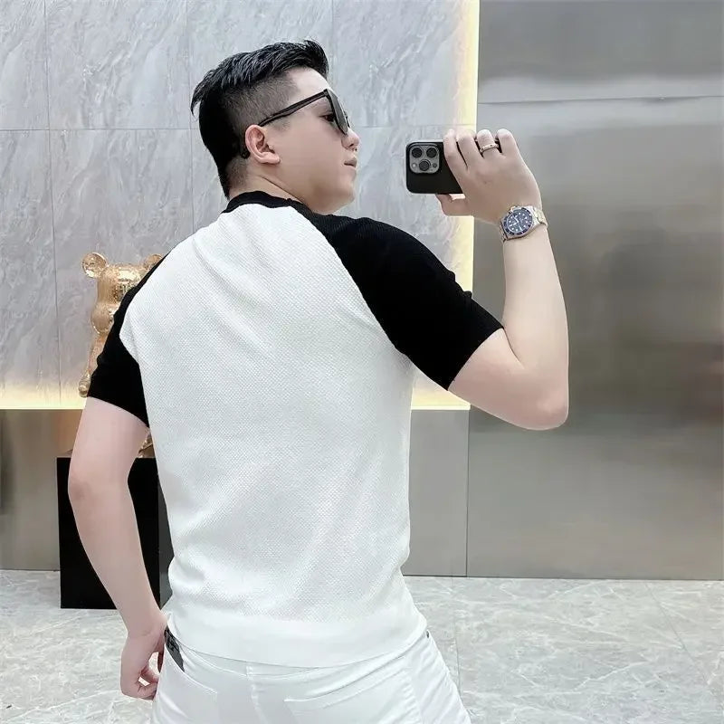 Summer Korean Short-sleeved Casual T-shirt Men New Fashion Contrasting Color Slim Rotator Sleeves Breathable Round Neck Knitted
