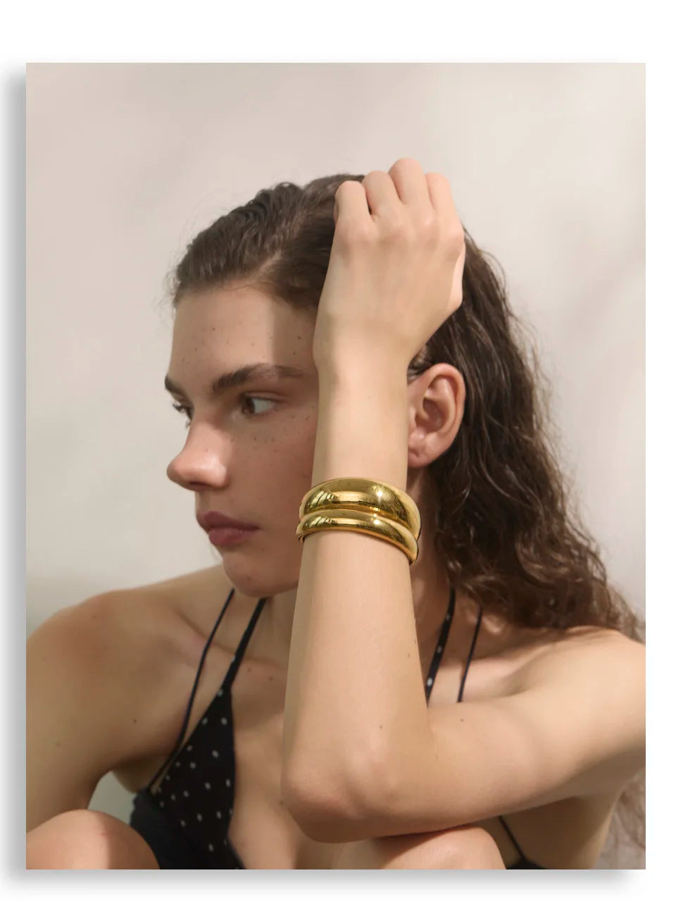 Yhpup 18K Golden PVD Plated Stainless Steel Double Layer Cuff Statement Bracelet Bangle Smooth Metal Texture Attractive Jewelry