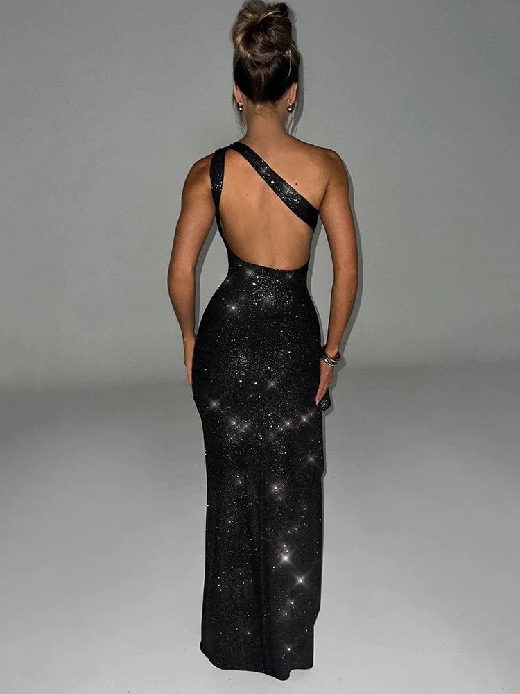 Formal attire Dresses: One Shoulder Dress Women Shiny Backless Elegant Evening Dress