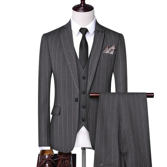 Groom Wedding Suit Three Piece Fashion British Style Men's Stripe One Button