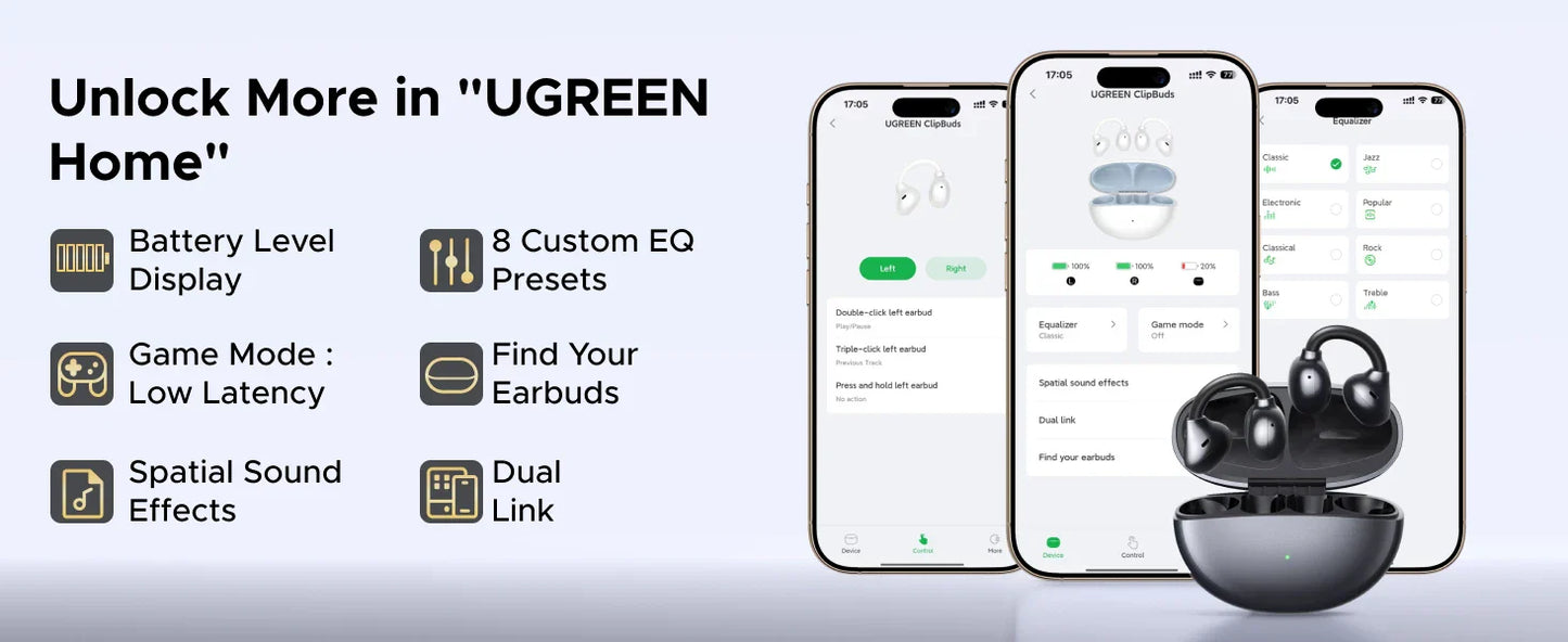 UGREEN ClipBuds Open-Ear Wireless Headphones Bluetooth 6.0 with 4 Mic Clear Call, Earbuds Clip on Earphones 30H Playtime