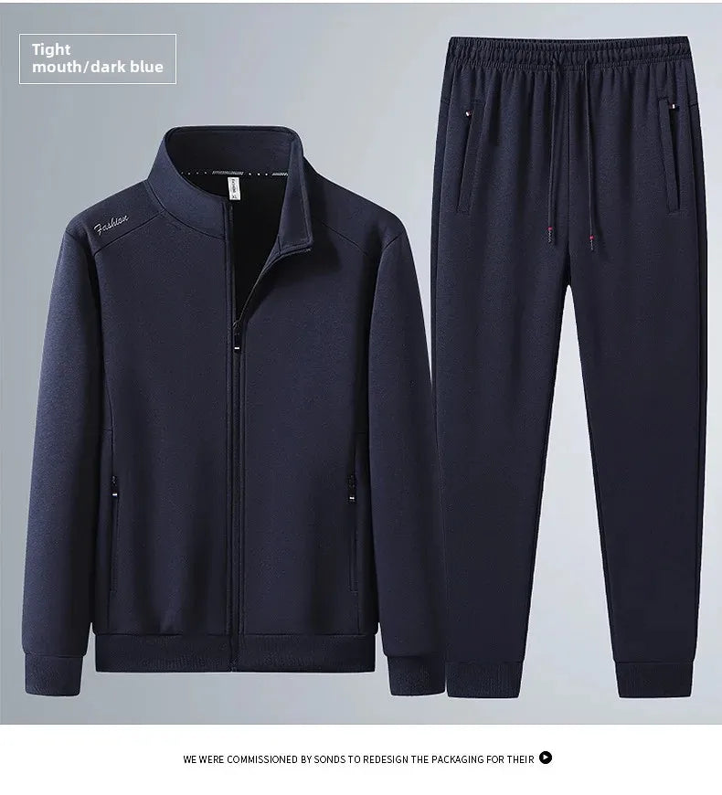 Spring Autumn New Men's Cotton Sports Suit Stand Collar Sweatshirt Middle-Aged And Elderly Casual Stylish Cardigan Loose-Fit 2-P