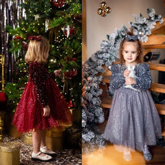 Red Sequins Christmas Dress for Girls Kids Winter Long Sleeve Clothes