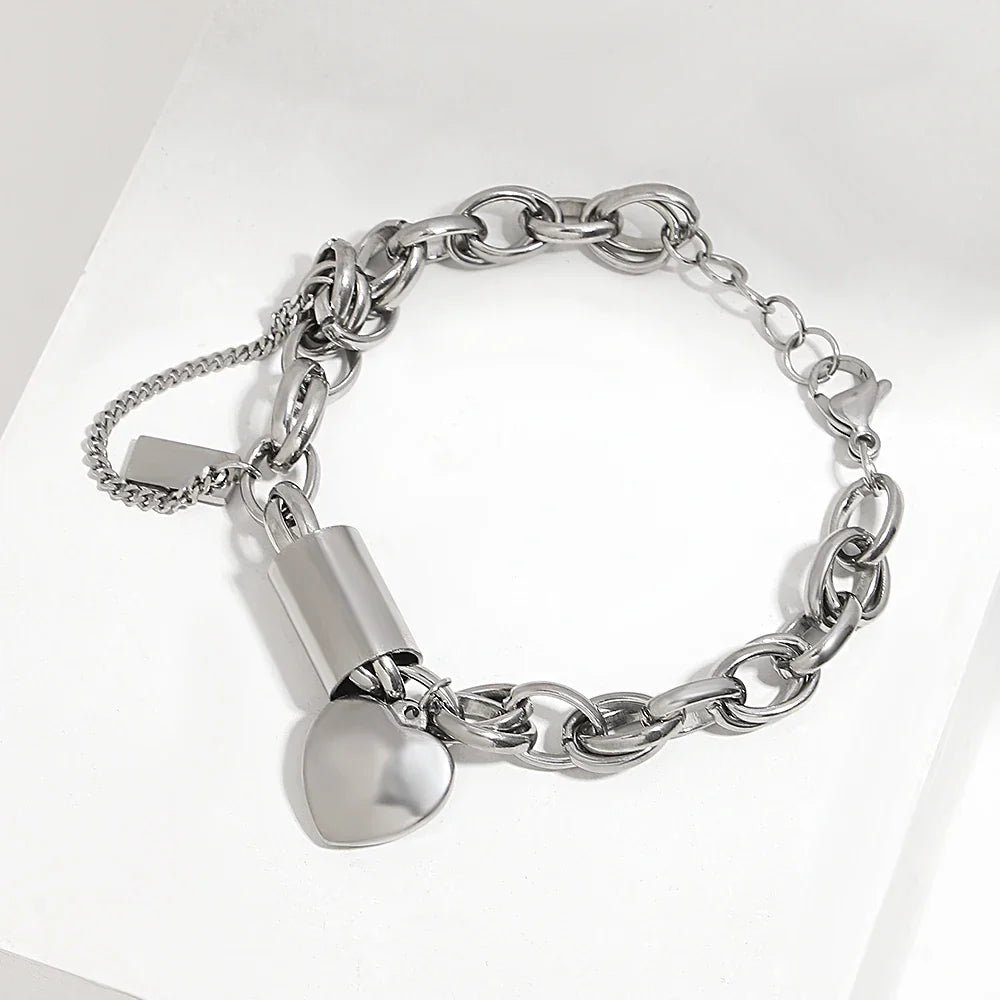 DZ Gold Color Thick Chain Stainless Steel Bracelets for Women Fashion Design Heart Love Pendant Wrist Jewelry