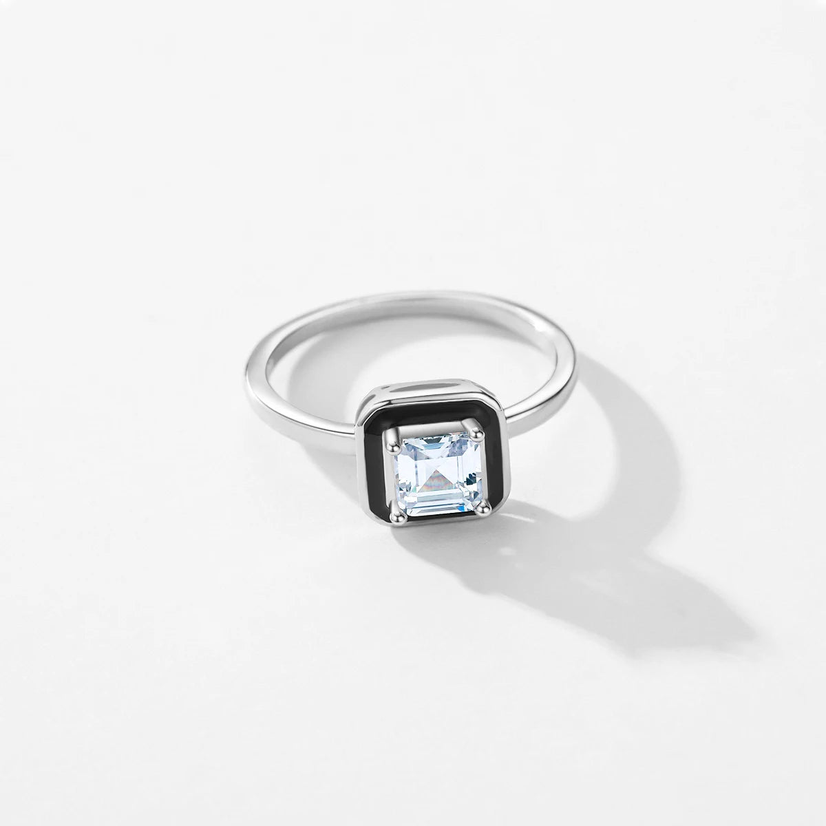 925 Sterling Silver Fashion Black Enamel Finger Ring Clear Square CZ Ring
