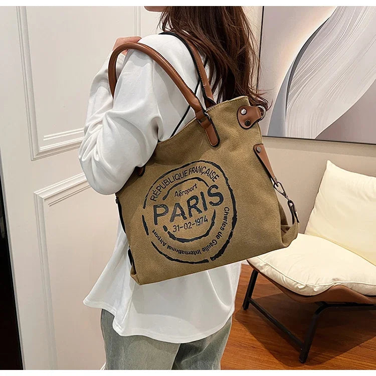 Large Retro Canvas Tote Bag Adjustable Shoulder Strap Vintage Paris Stamp Print