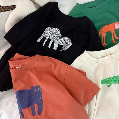 Animal Pattern Baby Boys Girls Short Sleeve Tops Kids Tees Summer Clothing Loose Fashion Trendy Children's Wear T-shirt O-neck