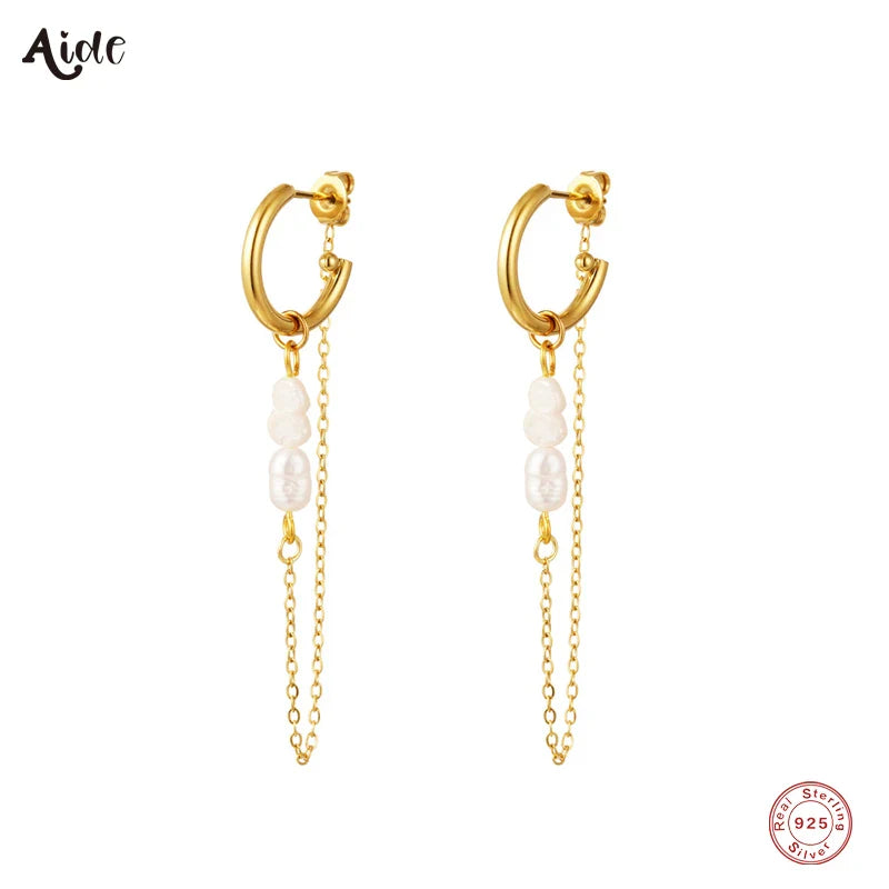 Aide 925 Sterling Silver Long Chain Tassel Baroque Irregular Pearl Dangle Earrings for Women C Shape Earrings Jewelry Pendientes