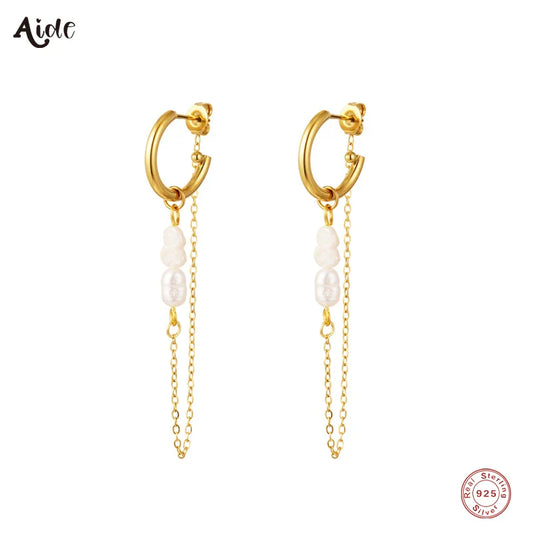 Aide 925 Sterling Silver Long Chain Tassel Baroque Irregular Pearl Dangle Earrings for Women C Shape Earrings Jewelry Pendientes