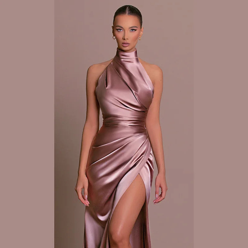 Womens Elegant Long Formal Evening Cocktail Party Dress Sexy High Split Ruched Bodycon Wedding Guest Bridemaid Maxi Dress