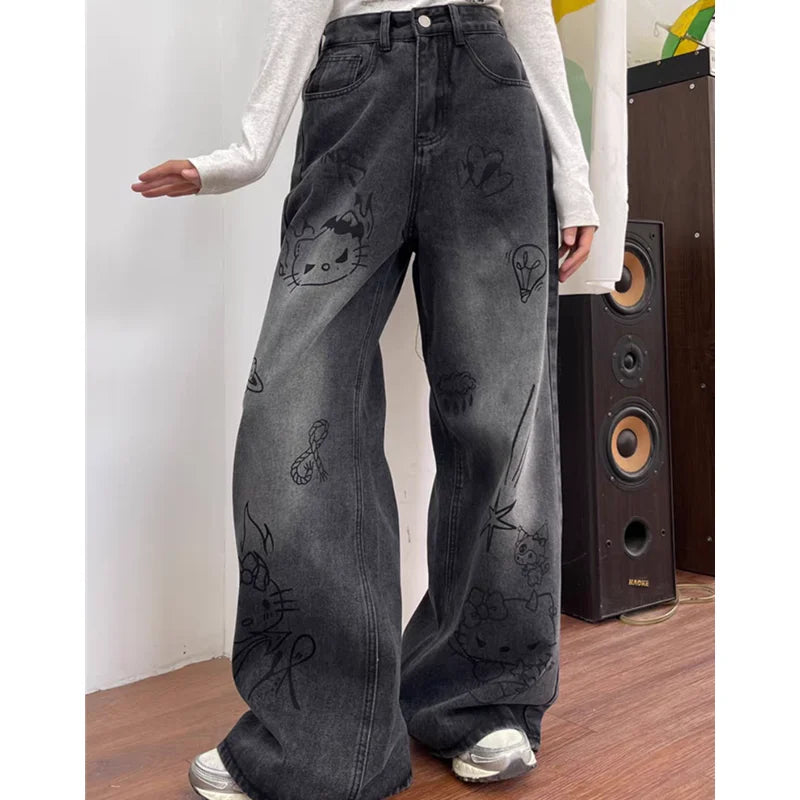 American Black High Street Casual Cartoon Print Wide Leg Pants for Women