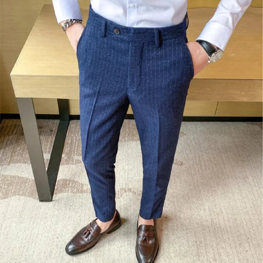 Men's Fashion Business Casual stripe Suit Trousers Male Solid Color Straight Pants