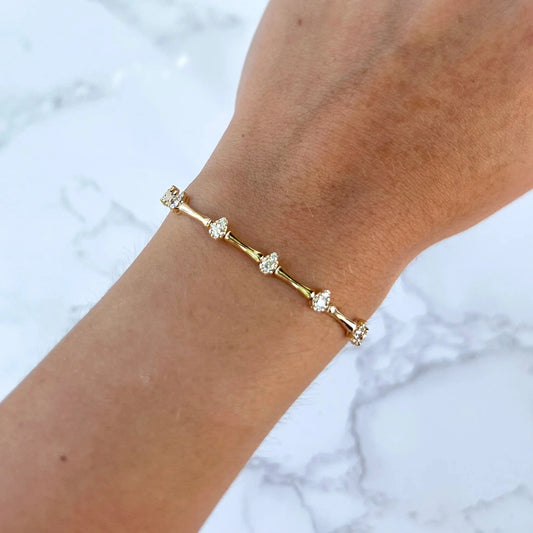 Gold Color CZ Tear Drop Charm Bamboo Bone Shaped Tennis Chain Fashion Women Bracelet