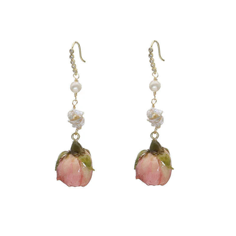 Natural Freshwater Pearl Enamel Resin Flower Earrings Korean Style Women's Luxury Vintage Jewelry Fashion Ladies and Girls Gift