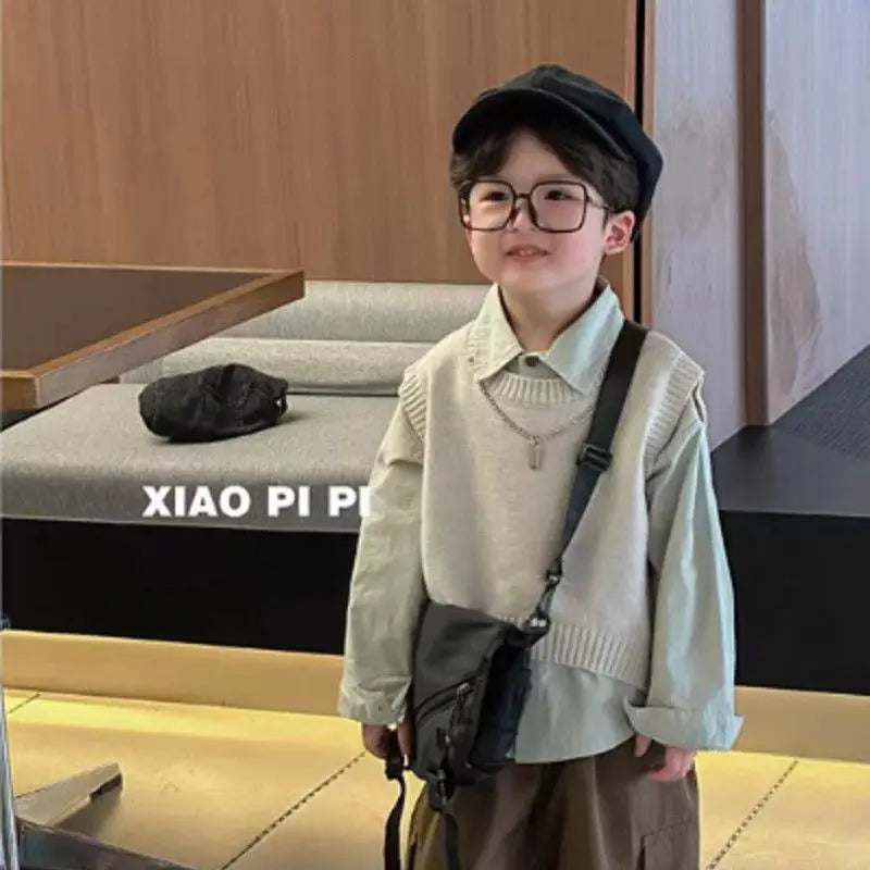 Boys' Black Vest + Shirt+ Casual Pants 3pcs Set Children's Spring Long Sleeved Early Autumn Set Baby Cool and Handsome Clothes