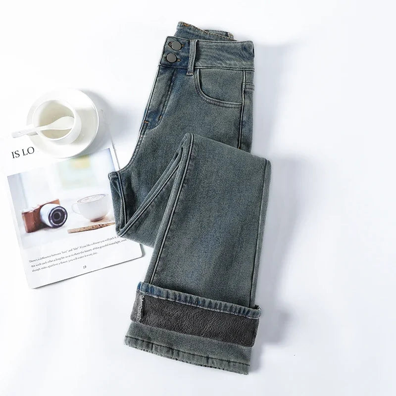 Vintage Women's Fleece Thickened Flare Jeans Winter Warm Fashion Korean Y2K