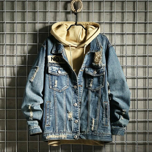 Men's Denim Jacket Patch Vintage Blue Male Jean Coats Ripped with Hole