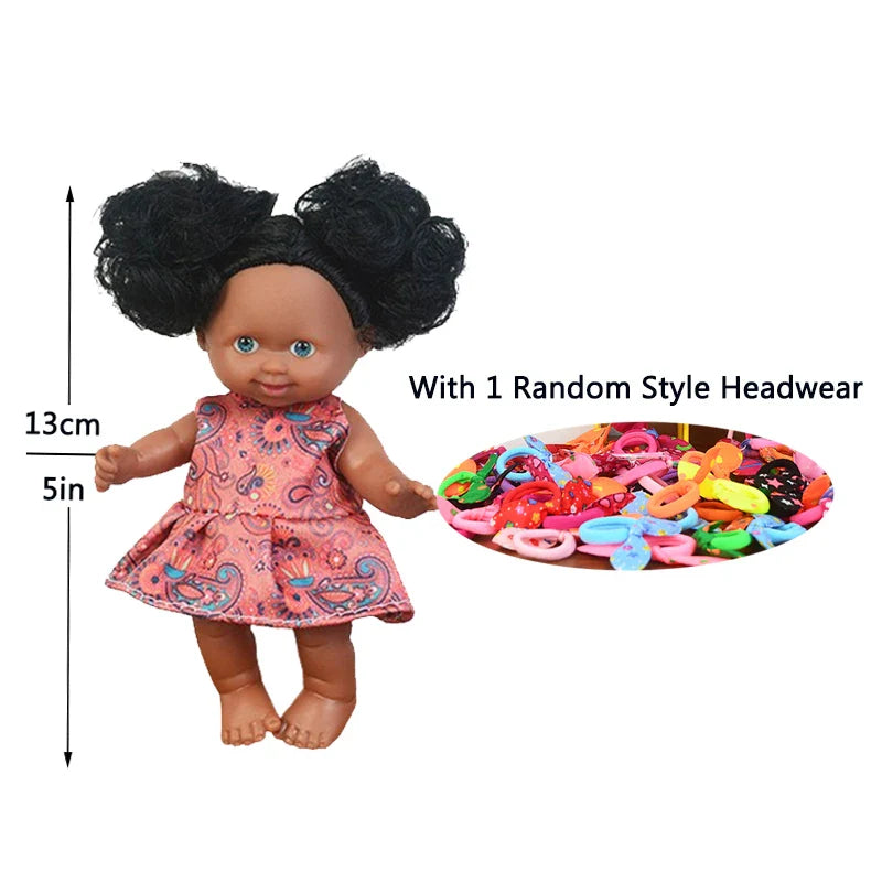 5in/13cm Kawaii Cute Black New Reborn Baby Dolls Educational Dolls Black Skin Black Hair With Cute Bow Headwear Birthday Gift