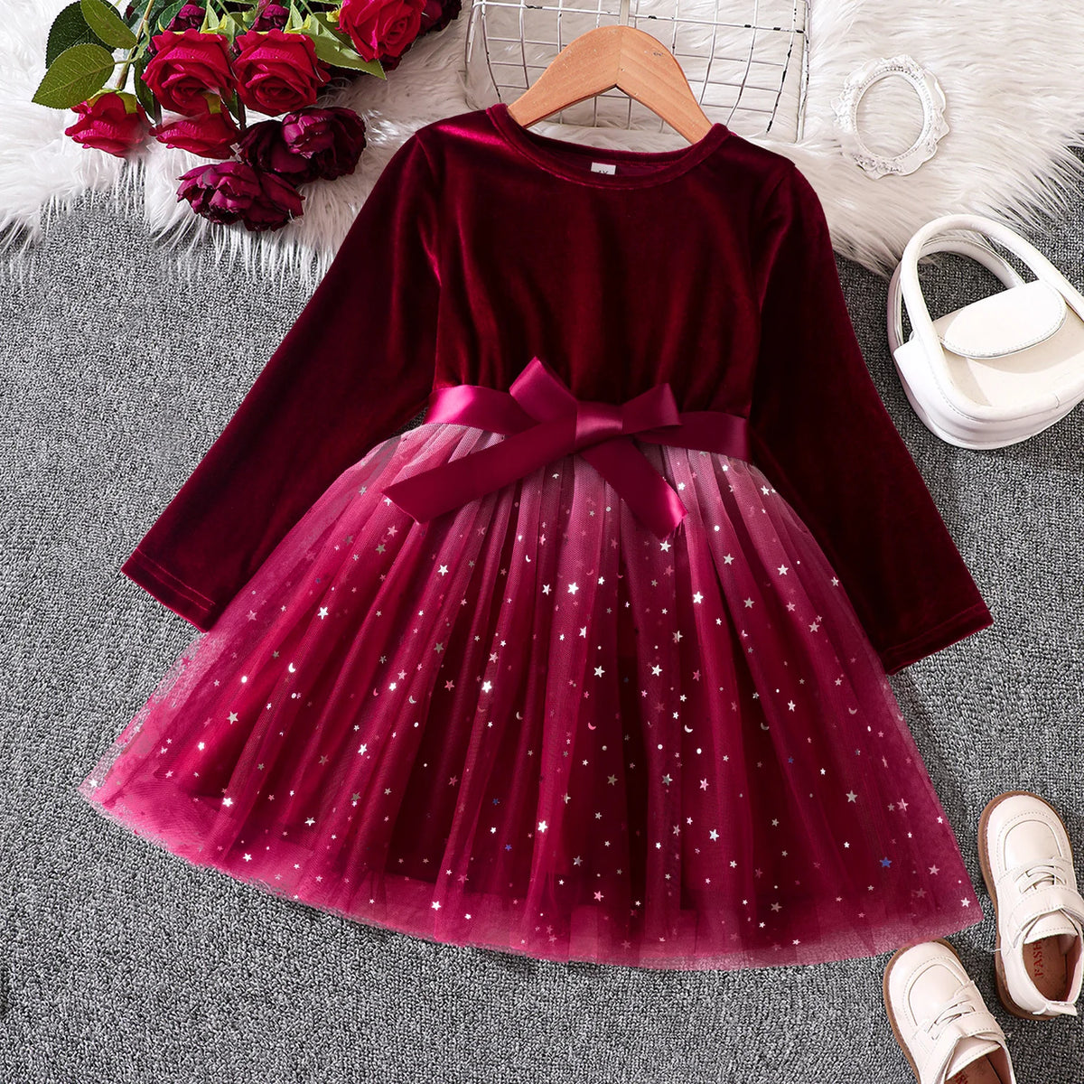 Girls Dress Autumn Winter Long Sleeve Bow Sequin Princess Dress