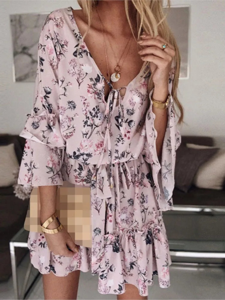 Spring Summer New Fashionable Printed Dress Sexy V-neck Lace Up Flared Sleeve Lace Up Mid Waist Pleated Short Dress
