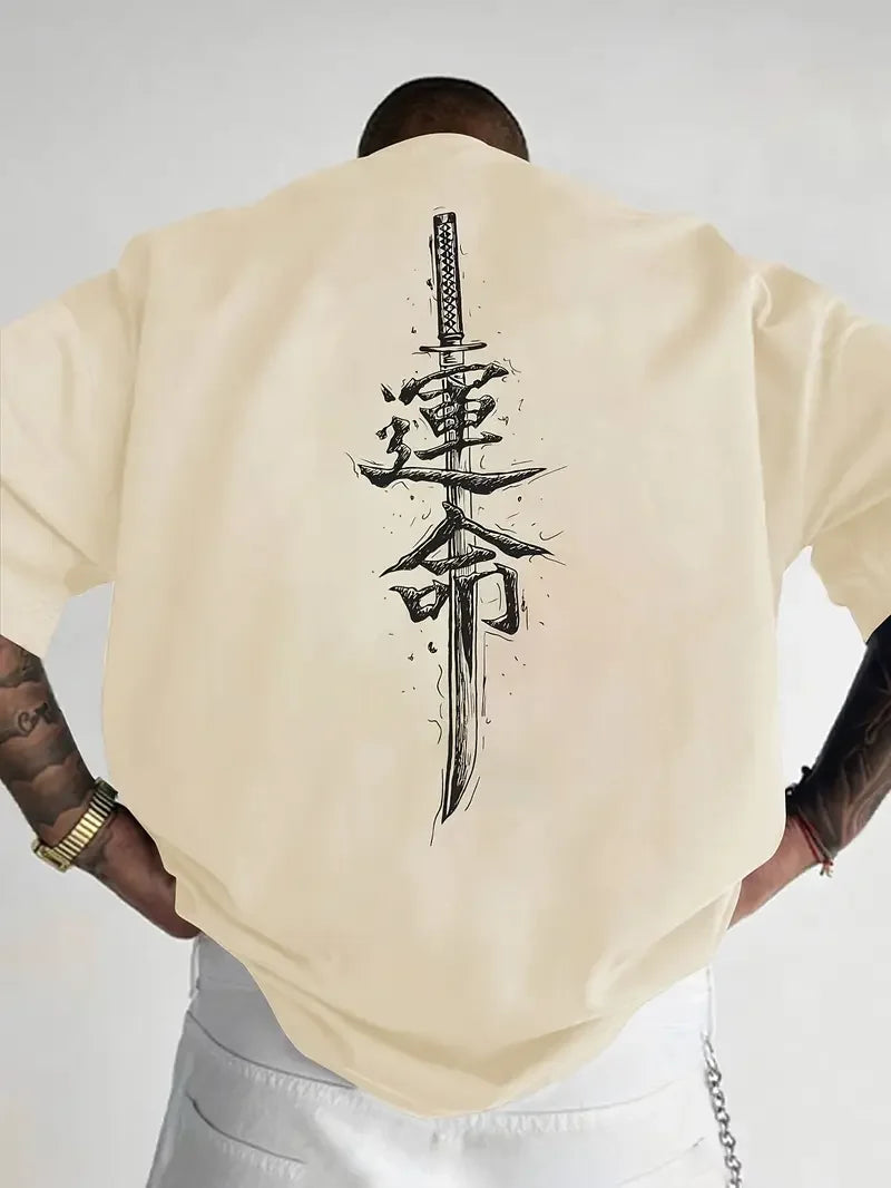 Men's Word Graphic Cotton Short Sleeve T-Shirt Custom Loose Fit Japanese Samurai Sword Design Tee Comfortable Casual Streetwear