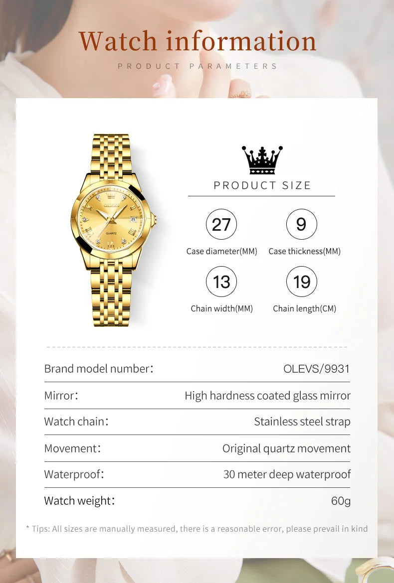 OLEVS Fashion Golden Watch for Women Stainless Steel Waterproof Women's Watches Elegant Original Luxury Ladies Quartz Wristwatch