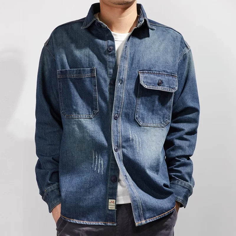 Heavy Duty Denim Shirt for Men with Vintage Style Long Sleeves, Autumn/Winter