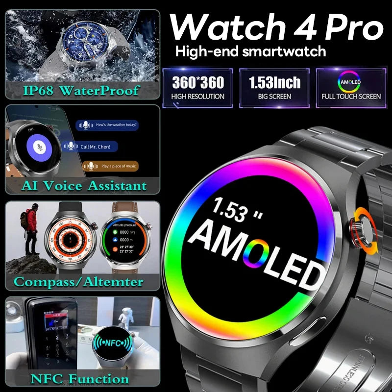 2025 New Watch 4 Pro NFC GPS Smart Watch Men 1.53-inch AMOLED Display 100+ Sports Modes Bluetooth Call High-end Smartwatch Man