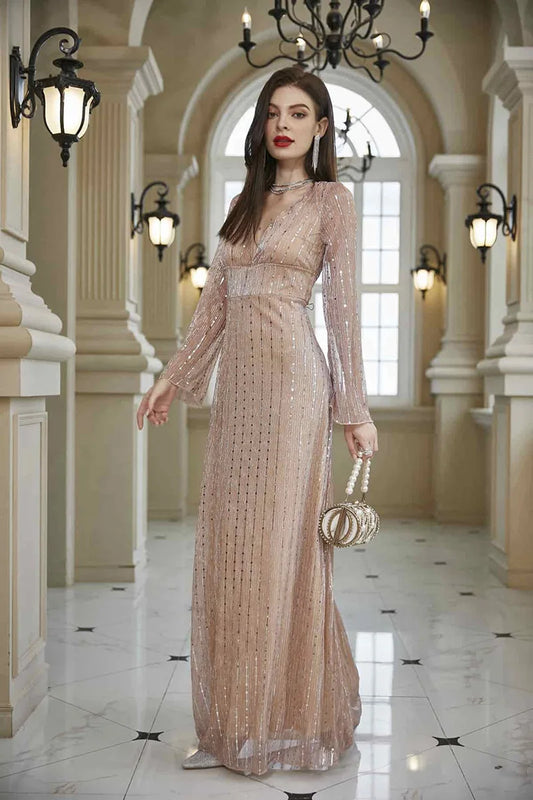 Long Sleeve V Neck Evening Dresses Sequins Formal Party Gowns High Waist Straight Cocktail Robes Wedding Guest Dress