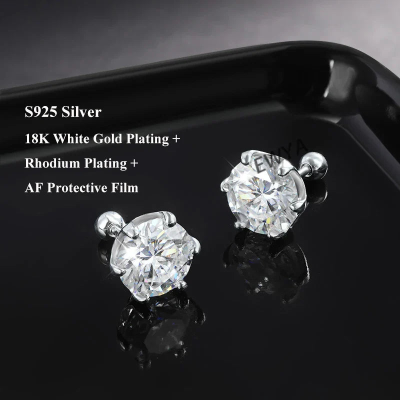 EWYA 0.2/0.5/2ct D Color Moissanite Screw Stud Earrings for Women Men Silver 925 Plated 18K Pass Diamond Test 6 Prong Earring