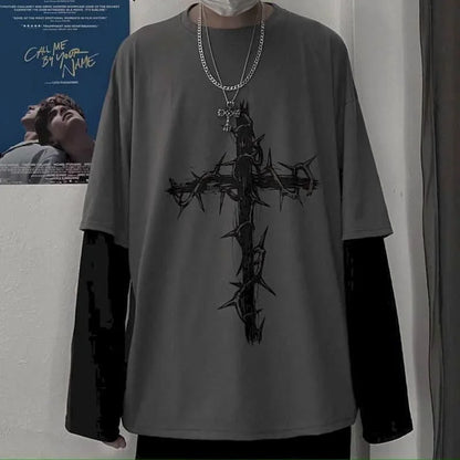 T-shirt for Men Summer Cross of Thorns Suitcase Men's T-shirts Long-sleeved Dark Hip-hop Men's oversize t-shirt Y2k T Shirt Tops