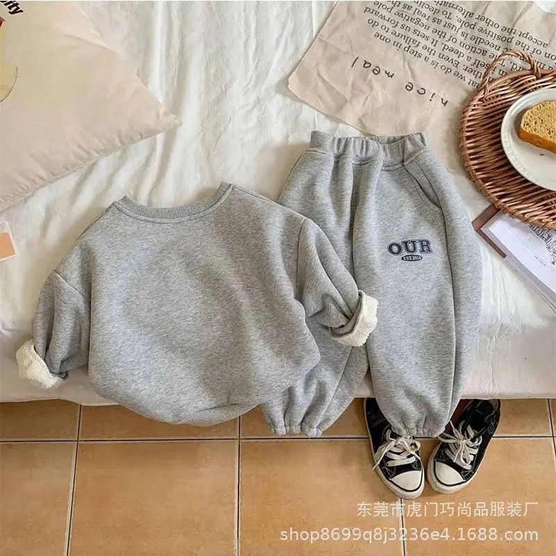 2-6 Years Boys Round Neck Sweater Sets Boys Warm Casual Loose 2Pcs Autumn Spring New Children's Long-Sleeved Letter Sports Suit