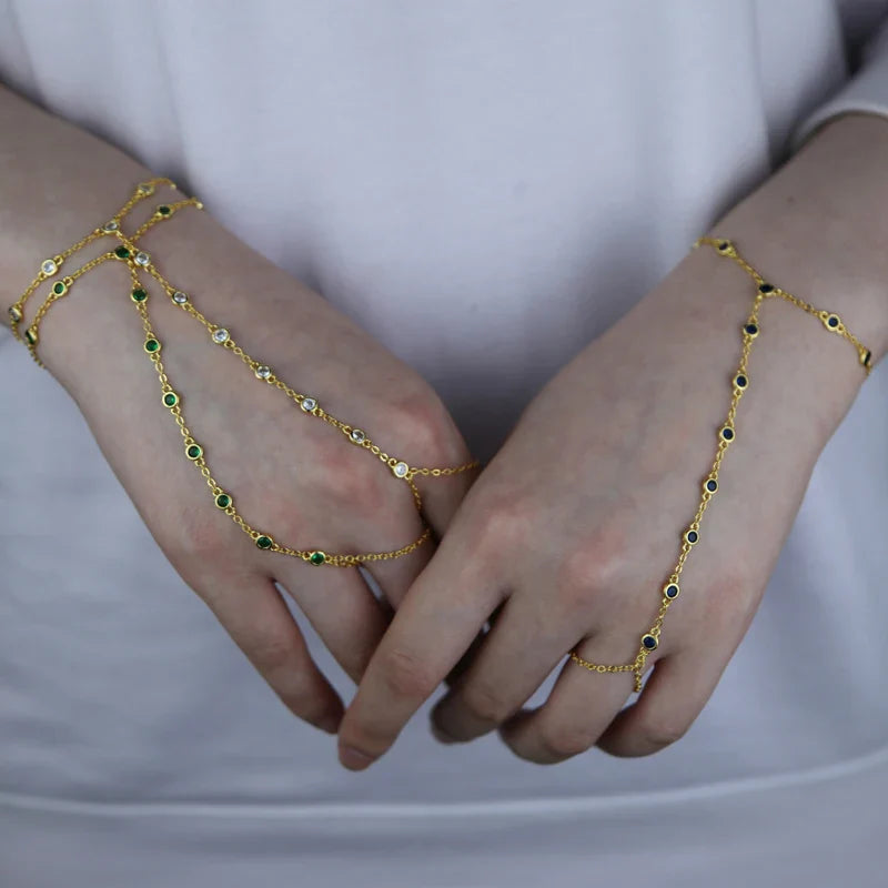 2023 Summer Jewelry Pendant Link Chain Ring Bracelet for Women White Green Blue Stone CZ Gold Plated Adjust Bracelet Accessories