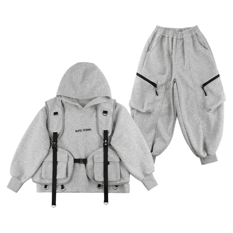 Fashion Boys Suits spring Autumn Pocket Letter Pullover Hooded Top+ Loose Pants 3pcs Kids Sets Casual Sportwear Handsome Clothes