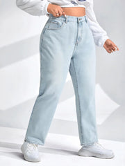 Plus Size Tapered Women Jeans High Waist Light Bule Washing Full Length Jeans