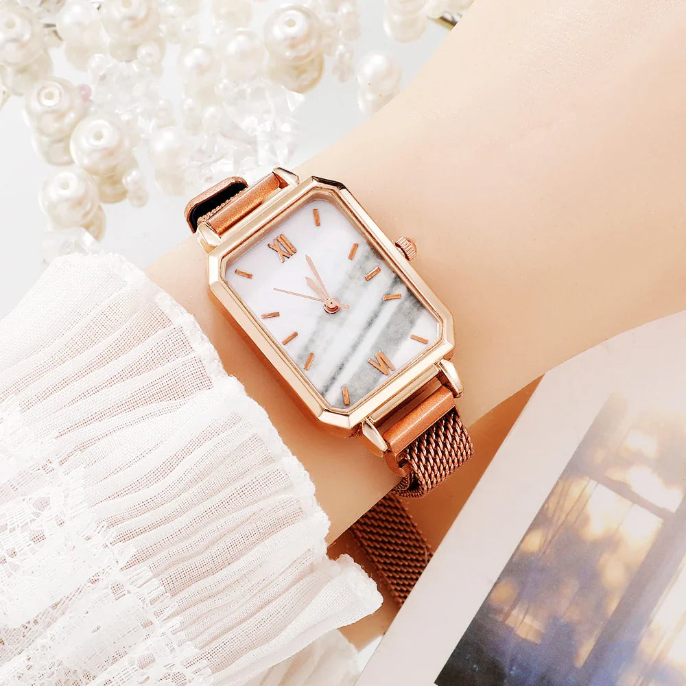 Women Watches Fashion Square Ladies Quartz Watch Bracelet Set Green Dial Simple Rose Gold Mesh Luxury Women Watches