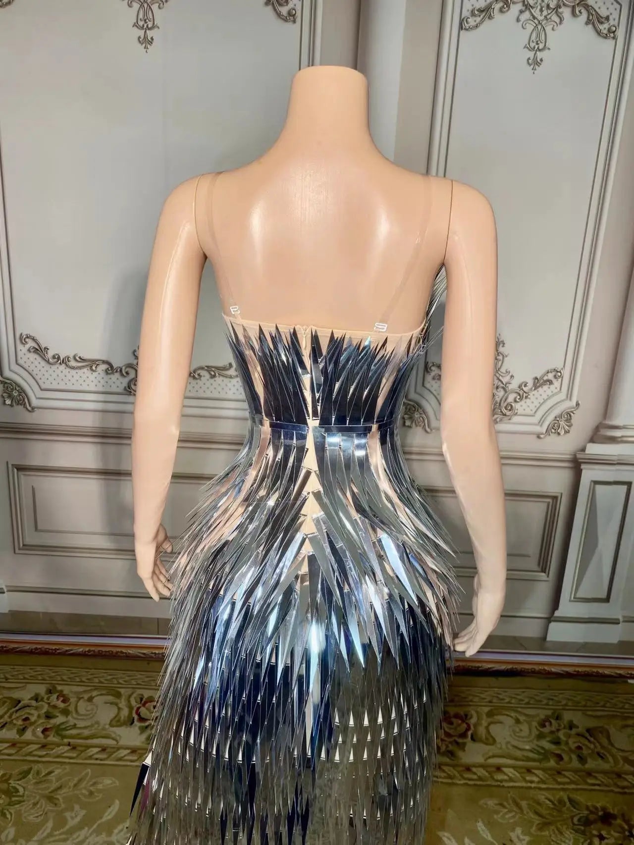 Evening Dresses for Women: Silver Sequin Deep V Neck Mermaid Evening