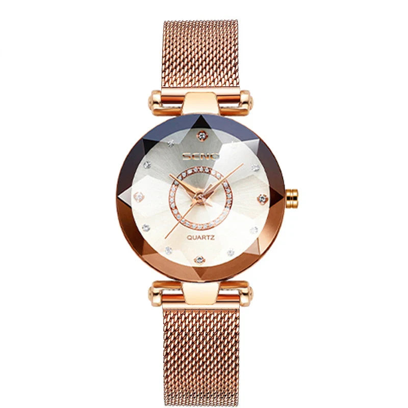 SENO Ocean Star Women Crystal Watch 2025 Top Brand Luxury Rose Gold Women Bracelet Watch For Ladies Wrist Watch Relogio Feminino