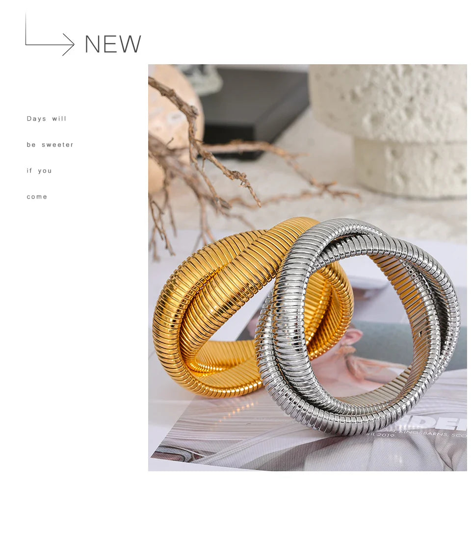 Yhpup 316L Stainless Steel Wide Heavy Metal Stackable Bracelet Bangle Waterproof 18K PVD Plated Texture Charm Statement Jewelry