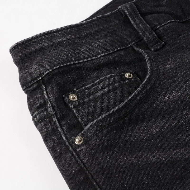 Men's Crystal Stretch Denim Skinny Jeans Painted Holes Ripped Tapered Pants