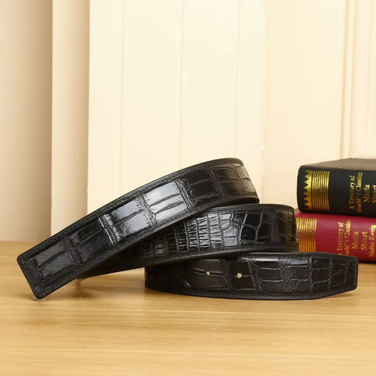 3.8 wide punched men's cowhide leather belt, high-end fashion trend crocodile pattern genuine leather belt without buckle durabl