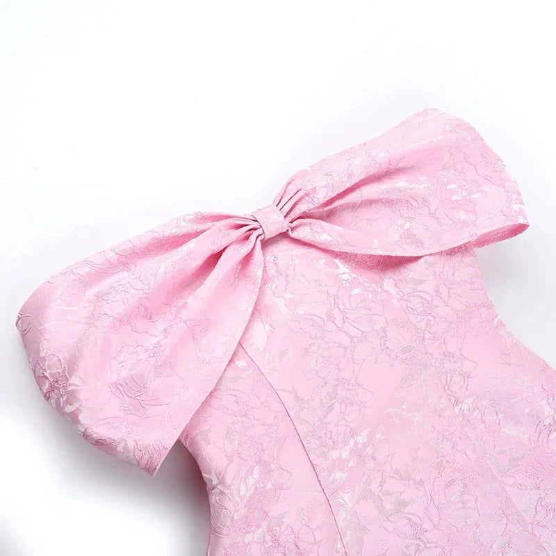 Fashionable And Sweet Slim Fit Jacquard Strapless Tie Bow One Shoulder Short Skirt American Sexy Temperament Solid Color Dresses