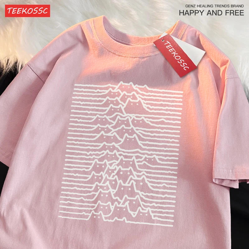 Cat Group Mountain Cartoon Cotton Trendy Summer Travel Mountain And River Cat Line Short Sleeve T-shirt Men Women Trendy Brand